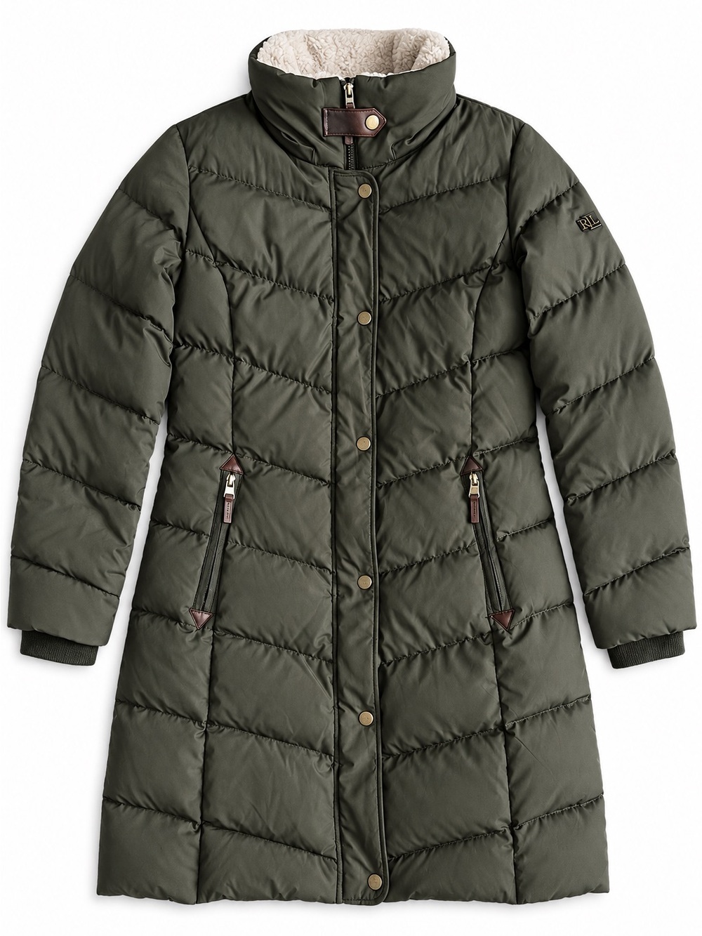 Lauren Ralph Lauren Olive Green Down Filled Puffer Jacket Sherpa Collar Coat SP